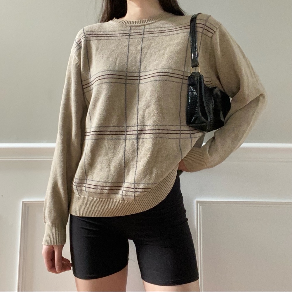 Haggar Beige Plaid Crew Neck Sweater